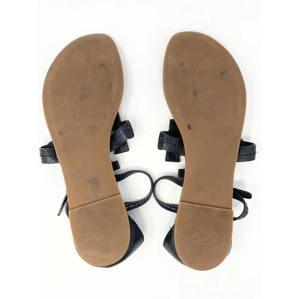 Tory Burch Black Leather Double T Logo Thong Sandals Gold Hardware 8.5